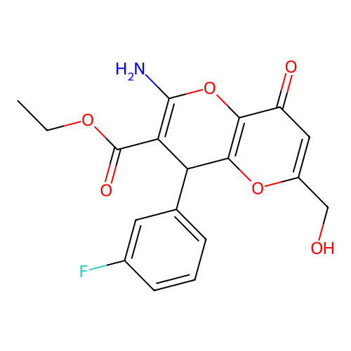 ethyl 2-amino-4-(3-fluorophenyl)-6-(hydroxymethyl)-8-oxo-4,8-dihydropyrano[3,2-b]pyran-3-carboxylate structure