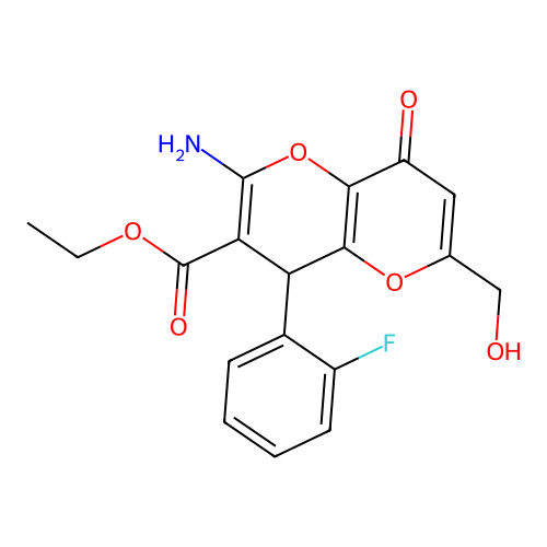 ethyl 2-amino-4-(2-fluorophenyl)-6-(hydroxymethyl)-8-oxo-4,8-dihydropyrano[3,2-b]pyran-3-carboxylate structure