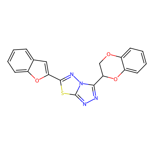 6-(1-benzofuran-2-yl)-3-(2,3-dihydro-1,4-benzodioxin-2-yl)[1,2,4]triazolo[3,4-b][1,3,4]thiadiazole structure