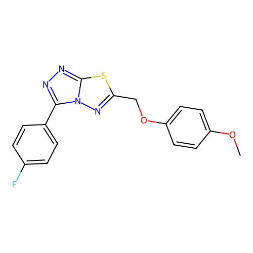 3-(4-fluorophenyl)-6-[(4-methoxyphenoxy)methyl]-[1,2,4]triazolo[3,4-b][1,3,4]thiadiazole structure