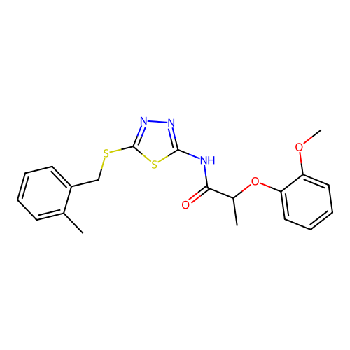 2-(2-methoxyphenoxy)-N-[5-[(2-methylphenyl)methylsulfanyl]-1,3,4-thiadiazol-2-yl]propanamide structure