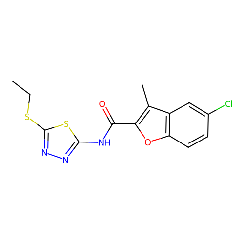 5-chloro-N-[5-(ethylsulfanyl)-1,3,4-thiadiazol-2-yl]-3-methyl-1-benzofuran-2-carboxamide structure