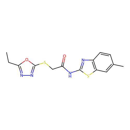 2-[(5-ethyl-1,3,4-oxadiazol-2-yl)sulfanyl]-N-(6-methyl-1,3-benzothiazol-2-yl)acetamide structure