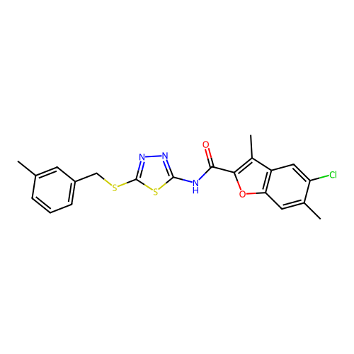 5-chloro-3,6-dimethyl-N-[5-[(3-methylphenyl)methylsulfanyl]-1,3,4-thiadiazol-2-yl]-1-benzofuran-2-carboxamide structure