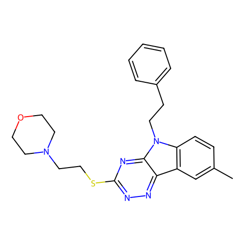 4-(2-((8-methyl-5-phenethyl-5H-[1,2,4]triazino[5,6-b]indol-3-yl)thio)ethyl)morpholine structure