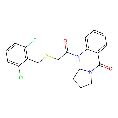 2-[(2-chloro-6-fluorophenyl)methylsulfanyl]-N-[2-(pyrrolidine-1-carbonyl)phenyl]acetamide structure