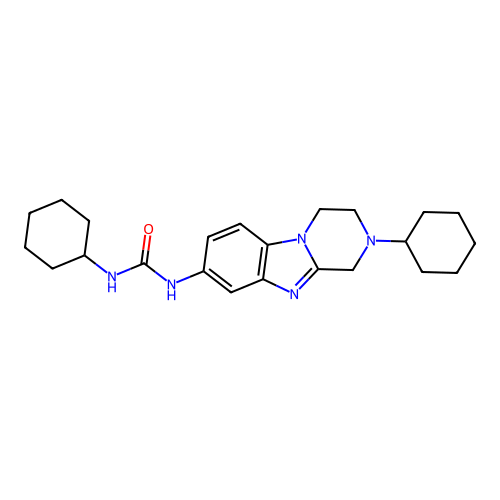 1-cyclohexyl-3-(2-cyclohexyl-3,4-dihydro-1H-pyrazino[1,2-a]benzimidazol-8-yl)urea structure