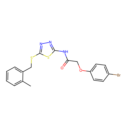 2-(4-bromophenoxy)-N-[5-[(2-methylphenyl)methylsulfanyl]-1,3,4-thiadiazol-2-yl]acetamide structure