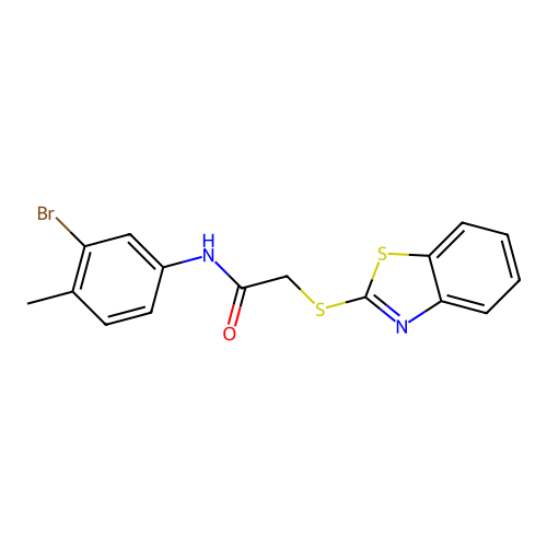 2-(1,3-benzothiazol-2-ylsulfanyl)-N-(3-bromo-4-methylphenyl)acetamide structure