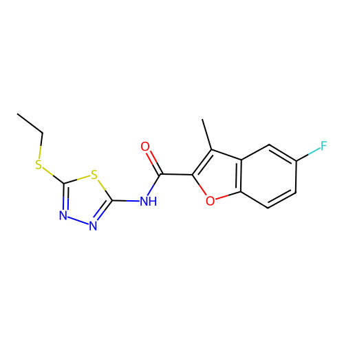 N-[5-(ethylsulfanyl)-1,3,4-thiadiazol-2-yl]-5-fluoro-3-methyl-1-benzofuran-2-carboxamide structure