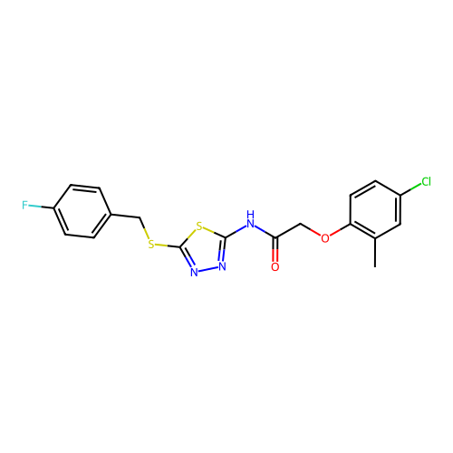 2-(4-chloro-2-methylphenoxy)-N-[5-[(4-fluorophenyl)methylsulfanyl]-1,3,4-thiadiazol-2-yl]acetamide structure
