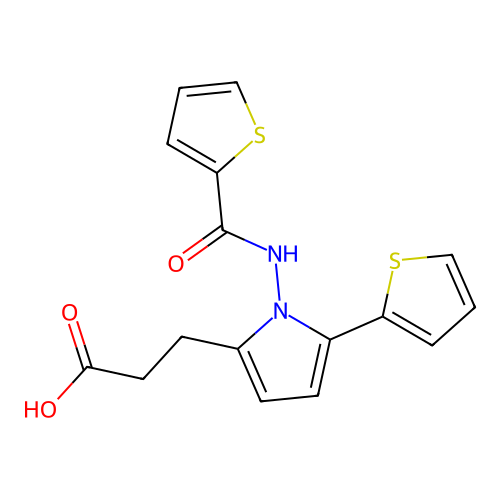3-{5-(thiophen-2-yl)-1-[(thiophen-2-ylcarbonyl)amino]-1H-pyrrol-2-yl}propanoic acid structure