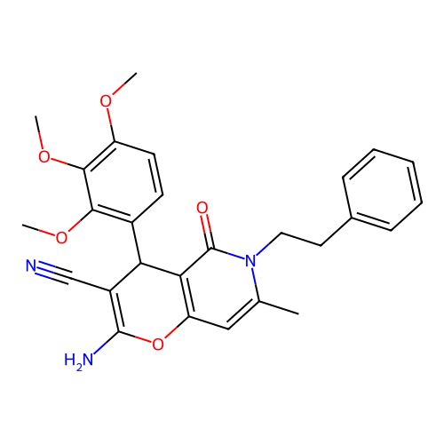 2-amino-7-methyl-5-oxo-6-(2-phenylethyl)-4-(2,3,4-trimethoxyphenyl)-5,6-dihydro-4H-pyrano[3,2-c]pyridine-3-carbonitrile structure