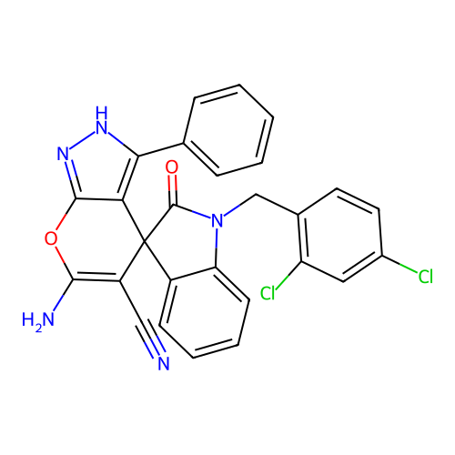 6'-amino-1-(2,4-dichlorobenzyl)-2-oxo-3'-phenyl-1'H-spiro[indoline-3,4'-pyrano[2,3-c]pyrazole]-5'-carbonitrile structure