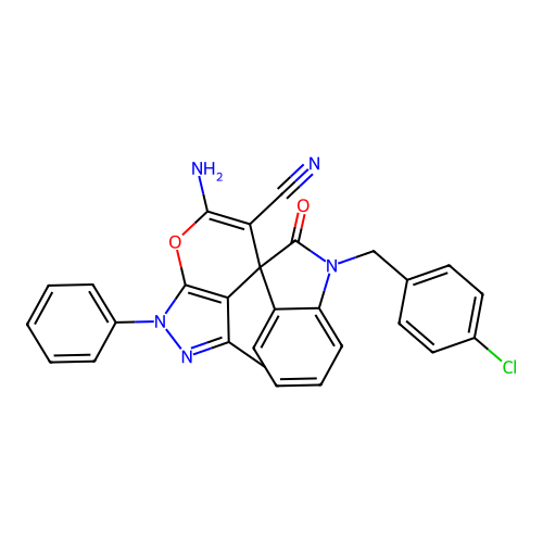 6'-amino-1-(4-chlorobenzyl)-3'-methyl-2-oxo-1'-phenyl-1'H-spiro[indoline-3,4'-pyrano[2,3-c]pyrazole]-5'-carbonitrile structure