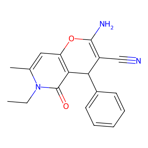 2-amino-6-ethyl-7-methyl-5-oxo-4-phenyl-5,6-dihydro-4H-pyrano[3,2-c]pyridine-3-carbonitrile structure