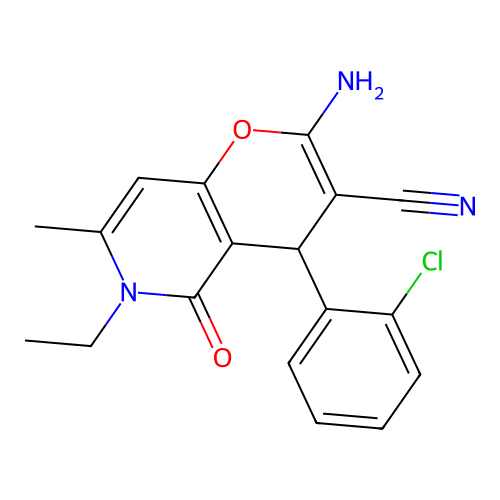 2-amino-4-(2-chlorophenyl)-6-ethyl-7-methyl-5-oxo-5,6-dihydro-4H-pyrano[3,2-c]pyridine-3-carbonitrile structure
