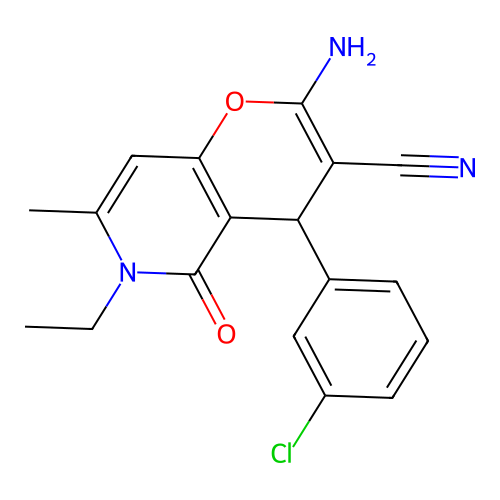 2-amino-4-(3-chlorophenyl)-6-ethyl-7-methyl-5-oxo-5,6-dihydro-4H-pyrano[3,2-c]pyridine-3-carbonitrile structure