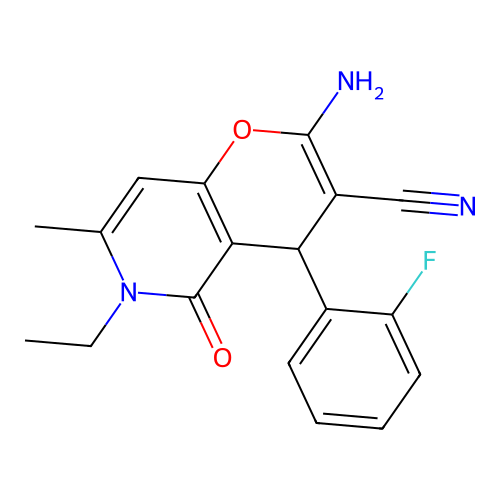 2-amino-6-ethyl-4-(2-fluorophenyl)-7-methyl-5-oxo-5,6-dihydro-4H-pyrano[3,2-c]pyridine-3-carbonitrile structure