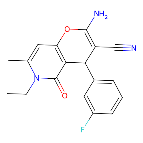 2-amino-6-ethyl-4-(3-fluorophenyl)-7-methyl-5-oxo-5,6-dihydro-4H-pyrano[3,2-c]pyridine-3-carbonitrile structure