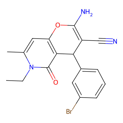 2-amino-4-(3-bromophenyl)-6-ethyl-7-methyl-5-oxo-5,6-dihydro-4H-pyrano[3,2-c]pyridine-3-carbonitrile structure