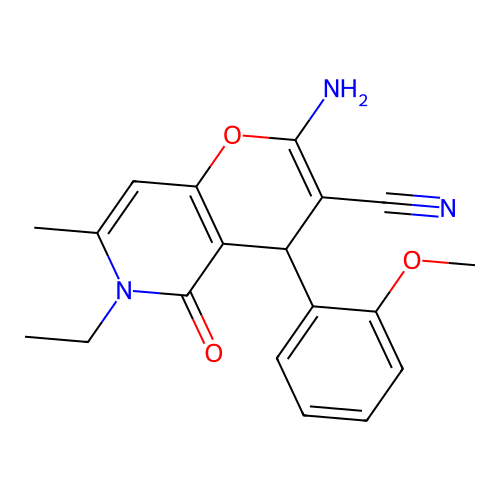 2-amino-6-ethyl-4-(2-methoxyphenyl)-7-methyl-5-oxo-5,6-dihydro-4H-pyrano[3,2-c]pyridine-3-carbonitrile structure