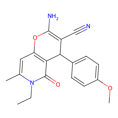 2-amino-6-ethyl-4-(4-methoxyphenyl)-7-methyl-5-oxo-5,6-dihydro-4H-pyrano[3,2-c]pyridine-3-carbonitrile structure