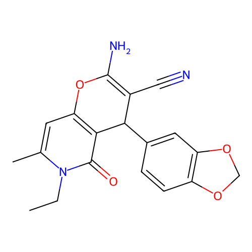 2-amino-4-(1,3-benzodioxol-5-yl)-6-ethyl-7-methyl-5-oxo-5,6-dihydro-4H-pyrano[3,2-c]pyridine-3-carbonitrile structure
