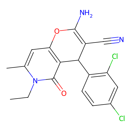 2-amino-4-(2,4-dichlorophenyl)-6-ethyl-7-methyl-5-oxo-5,6-dihydro-4H-pyrano[3,2-c]pyridine-3-carbonitrile structure