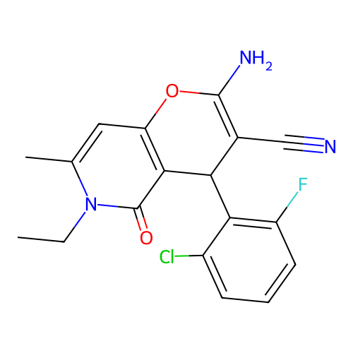 2-amino-4-(2-chloro-6-fluorophenyl)-6-ethyl-7-methyl-5-oxo-5,6-dihydro-4H-pyrano[3,2-c]pyridine-3-carbonitrile structure