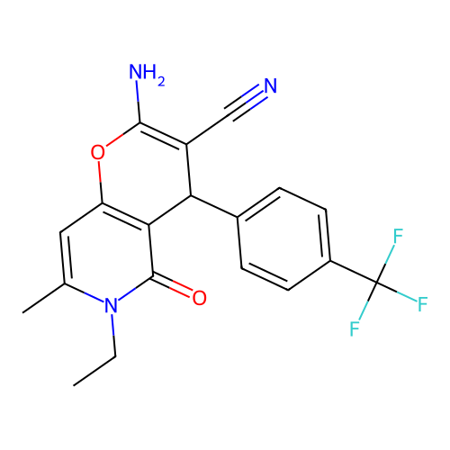 2-amino-6-ethyl-7-methyl-5-oxo-4-[4-(trifluoromethyl)phenyl]-5,6-dihydro-4H-pyrano[3,2-c]pyridine-3-carbonitrile structure