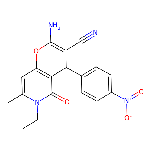 2-amino-6-ethyl-7-methyl-4-(4-nitrophenyl)-5-oxo-5,6-dihydro-4H-pyrano[3,2-c]pyridine-3-carbonitrile structure