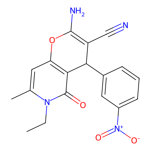 2-amino-6-ethyl-7-methyl-4-(3-nitrophenyl)-5-oxo-5,6-dihydro-4H-pyrano[3,2-c]pyridine-3-carbonitrile structure