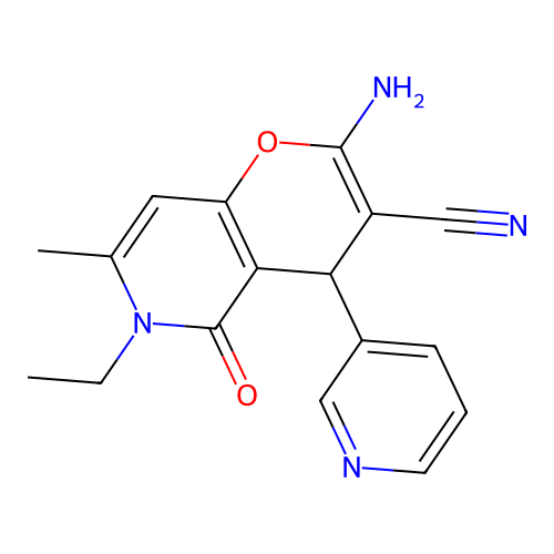 2-amino-6-ethyl-7-methyl-5-oxo-4-(pyridin-3-yl)-5,6-dihydro-4H-pyrano[3,2-c]pyridine-3-carbonitrile structure