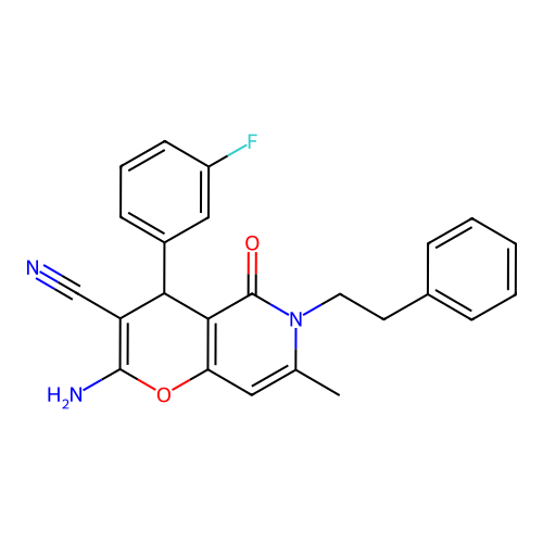2-amino-4-(3-fluorophenyl)-7-methyl-5-oxo-6-(2-phenylethyl)-5,6-dihydro-4H-pyrano[3,2-c]pyridine-3-carbonitrile structure