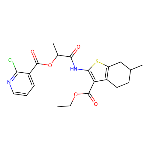 [1-[(3-ethoxycarbonyl-6-methyl-4,5,6,7-tetrahydro-1-benzothiophen-2-yl)amino]-1-oxopropan-2-yl] 2-chloropyridine-3-carboxylate structure