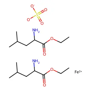 Iron(2+), bis(ethyl leucinate-N,O')-, sulfate (1:1) structure