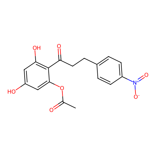Acetic acid 3,5-dihydroxy-2-(3-(4-nitro-phenyl)-propionyl)-phenyl ester structure