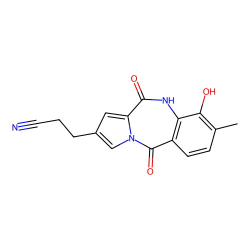 3-(4-hydroxy-3-methyl-6,11-dioxo-5H-pyrrolo[2,1-c][1,4]benzodiazepin-8-yl)propanenitrile structure