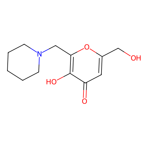 3-hydroxy-6-(hydroxymethyl)-2-(piperidin-1-ylmethyl)-4H-pyran-4-one structure