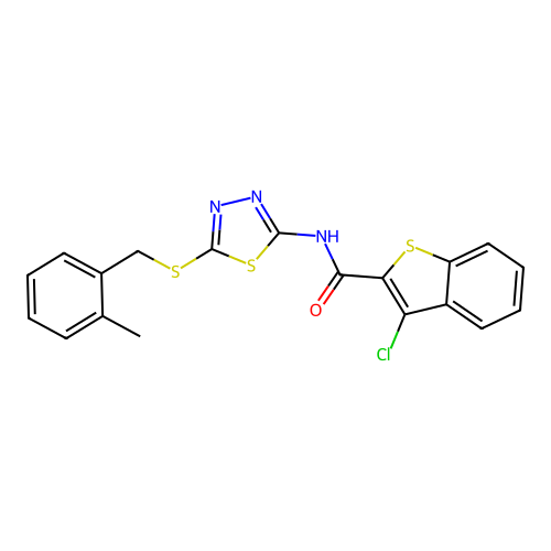 3-chloro-N-[5-[(2-methylphenyl)methylsulfanyl]-1,3,4-thiadiazol-2-yl]-1-benzothiophene-2-carboxamide structure