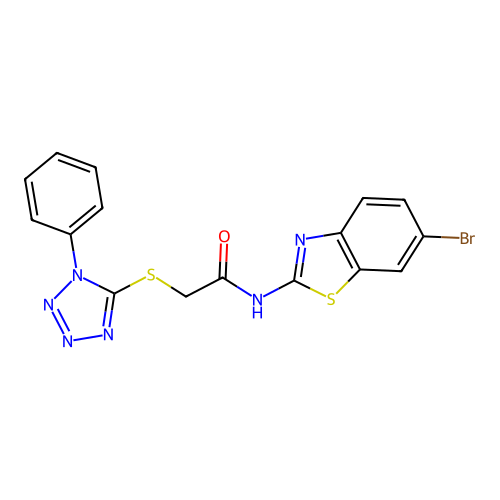 N-(6-bromo-1,3-benzothiazol-2-yl)-2-(1-phenyltetrazol-5-yl)sulfanylacetamide structure
