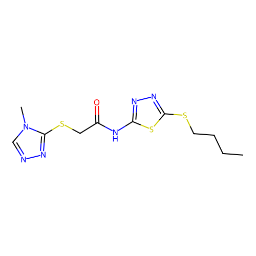 N-(5-butylsulfanyl-1,3,4-thiadiazol-2-yl)-2-[(4-methyl-1,2,4-triazol-3-yl)sulfanyl]acetamide structure