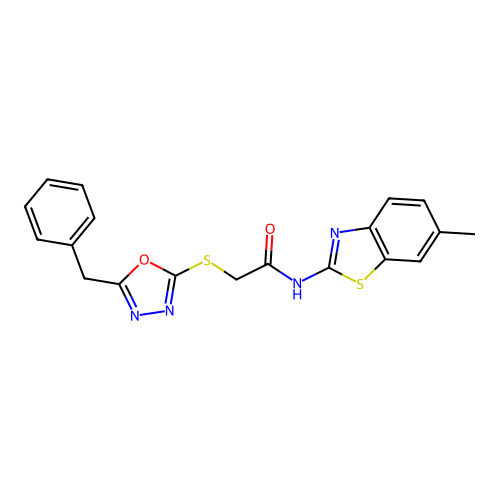 2-[(5-benzyl-1,3,4-oxadiazol-2-yl)sulfanyl]-N-(6-methyl-1,3-benzothiazol-2-yl)acetamide structure