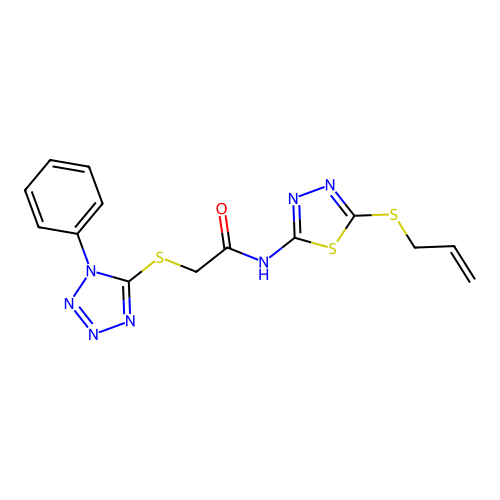2-(1-phenyltetrazol-5-yl)sulfanyl-N-(5-prop-2-enylsulfanyl-1,3,4-thiadiazol-2-yl)acetamide structure
