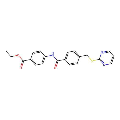 Ethyl 4-(4-((pyrimidin-2-ylthio)methyl)benzamido)benzoate structure