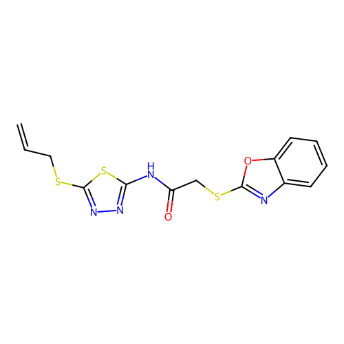 N-[5-(allylthio)-1,3,4-thiadiazol-2-yl]-2-(1,3-benzoxazol-2-ylthio)acetamide structure