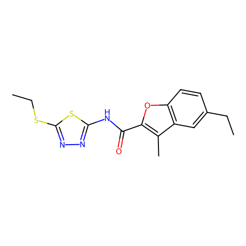 5-ethyl-N-[5-(ethylsulfanyl)-1,3,4-thiadiazol-2-yl]-3-methyl-1-benzofuran-2-carboxamide structure