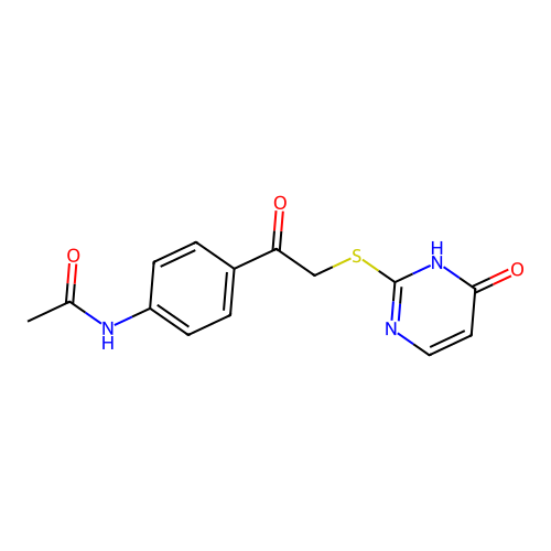 N-[4-[2-[(6-oxo-1H-pyrimidin-2-yl)sulfanyl]acetyl]phenyl]acetamide structure