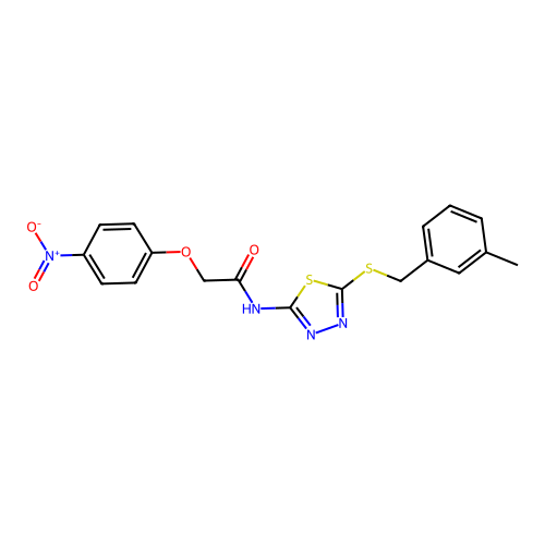 N-[5-[(3-methylphenyl)methylsulfanyl]-1,3,4-thiadiazol-2-yl]-2-(4-nitrophenoxy)acetamide structure